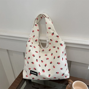 Large capacity off-white corduroy tote bag with red strawberry prints and fashion label