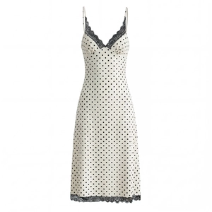 French vintage polka dot midi slip dress with black lace trim and slim fit design