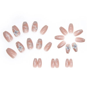 Blue butterfly press-on nails with 3D pearls and silver glitter in coffin shape