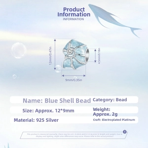 Détail de la perle coquillage bleue en argent 925 montrant la taille 12x9mm et le poids 2g