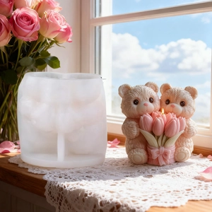 DIY silicone mold for making cute 3D twin bears holding a tulip candle or resin ornament