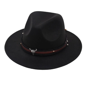 Kids Fedora Hat Felt Wide Brim Western Cowboy Style With Metal Bull Head And Leather Band Retro Jazz Cap For Boys Girls