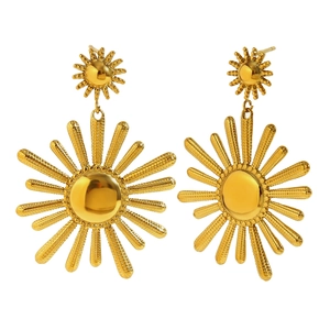 Minimalist 18K gold plated stainless steel sunburst dangle earrings on white backdrop