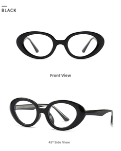 Macro view of black oval eyewear frames showing front and 45 degree side profile details