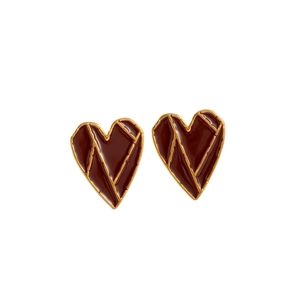 Retro geometric 18k gold plated heart earrings with burgundy enamel inlay