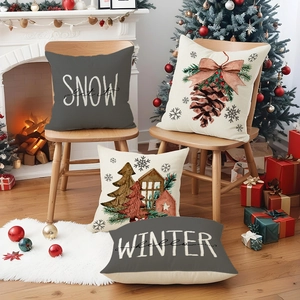 Set of 4 Christmas tree and cabin linen pillow covers for holiday sofa decoration