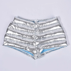 Detailed top view of silver metallic quilted thermal shorts with reflective fabric finish