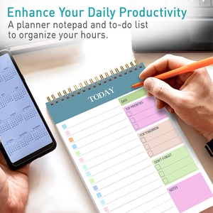 Detailed daily planner notepad showing functional sections and productivity layout