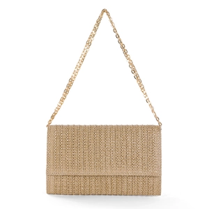 Beige straw woven rectangular clutch bag with a gold metal chain strap for women