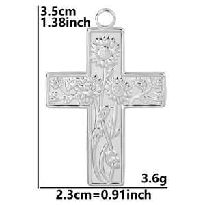 Detail view of sunflower embossed cross pendant with precise dimensions and weight specs