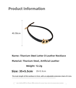 Detailed view of black faux leather choker with gold D-letter buckle and size specifications