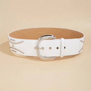 Vintage white PU leather belt with silver D-ring buckle and studded rivet decorations