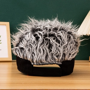 Close-up of baseball cap with black and grey gradient wig hair and velcro strap details