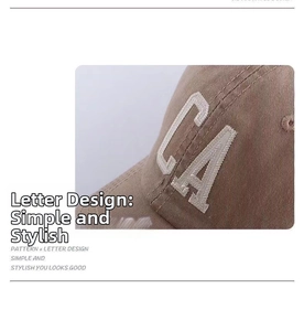 Detail shot of white CA letter embroidery on a tan twill cotton baseball cap