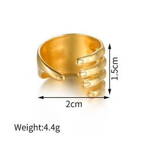 Detailed size view of the 18k gold palm-shaped open ring showing dimensions and weight