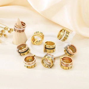 Multi Layer Band Ring Stainless Steel Shell Inlay Roman Numerals Zircon Accents Trendy Fashion Jewelry For Women