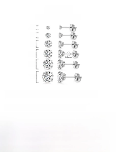 Detailed size chart showing 3mm to 8mm zircon stud earrings with 0.8mm needle gauge