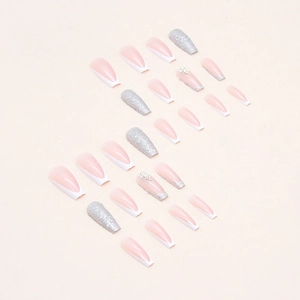 White French ballet coffin nails with silver glitter and pearl accents on pink base
