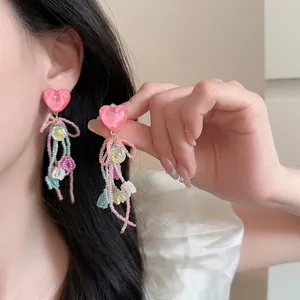 Pink heart pearl drop earrings with colorful beaded fringe and bow tassels for women