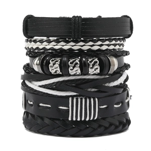 Men's Punk Multi-layer Leather Bracelet Handwoven Black White Wax Cord Adjustable Retro Alloy Bead Jewelry For Men