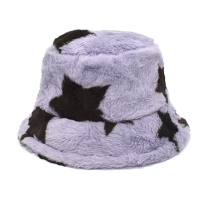 Detailed texture of purple faux fur bucket hat with black star patterns for winter