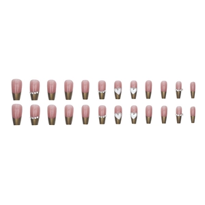 Pink and gold French press-on nails set with 3D heart charms and sparkling crystals