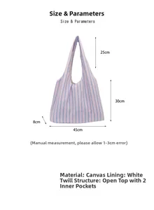 Detailed size chart for the large striped canvas tote bag showing dimensions 45x30x8cm