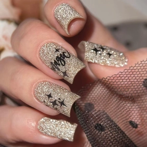 Square Press On Nails Gold Glitter Star Pattern Medium Long Full Cover Removable Artificial Fake Nails With Glue