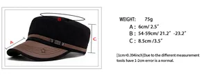 Size guide for flat top military cap showing 75g weight and 54-59cm head circumference