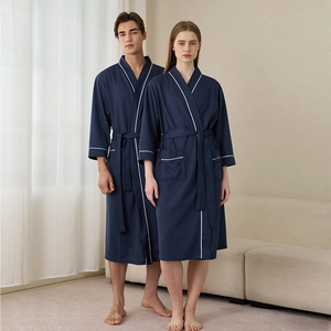 Dark blue lightweight bathrobe for men and women with white striped trim and waist tie