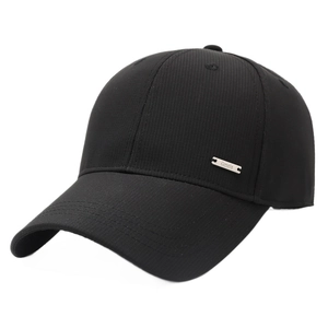 Classic black six-panel baseball cap with curved brim and silver metal logo detail