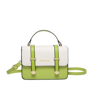 White and green color-block PU leather satchel bag with top handle and shoulder strap