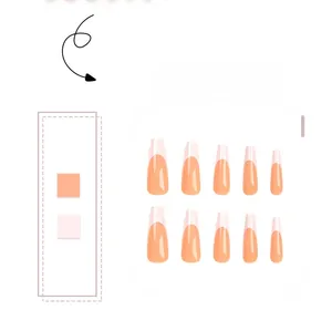 Macro view of long coffin French nails in bright orange-pink and clear design