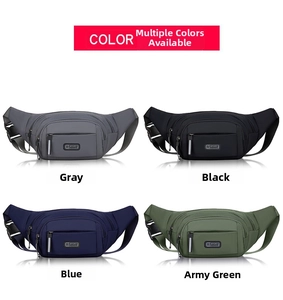 Waterproof nylon waist bags shown in grey, black, blue, and green with zipper pockets