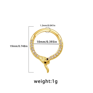 Detailed size specifications for a gold snake nose ring with clear gems and black eyes