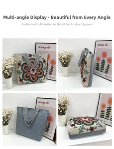 Four-angle view of vintage floral embroidery canvas tote bag with gray denim details