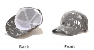 Detail of gray graffiti baseball cap showing front and back views with adjustable back strap