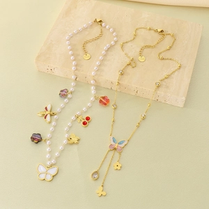 Butterfly Pendant Necklace Stainless Steel Enamel Tassel Faux Artificial Pearl Charms Fashion Clavicle Chain For Women