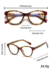 Detailed size chart showing frame width 139mm and lens height 46mm for anti-blue light glasses