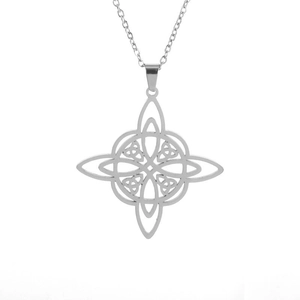 Silver Celtic knot stainless steel necklace with intricate braided pendant on white background