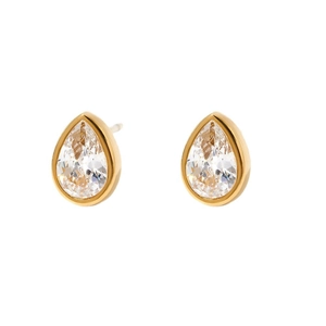 Gold stainless steel teardrop stud earrings with bezel-set clear cubic zirconia stones