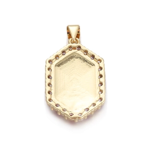 Polished gold hexagonal metal pendant base with multiple circular setting holes for jewelry