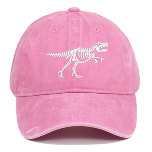 Close-up of pink cotton baseball cap featuring detailed white dinosaur skeleton embroidery