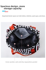 Detail view showing large capacity travel bag interior with wet and dry separation pockets