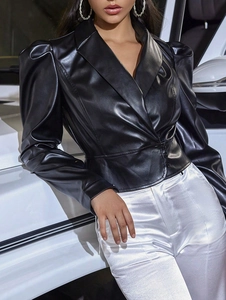Chic black faux leather PU cropped jacket with puff sleeves and V-neck for stylish women