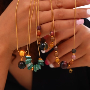 Handheld titanium steel necklace with tiger eye and amazonite beads in bohemian style