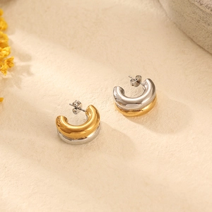 Boucles d'oreilles créoles C bicolores or et argent en acier inoxydable de luxe chic