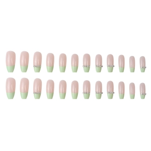 French green tips ballet press-on nails with rhinestones on long coffin shape