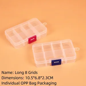 Clear plastic 8-compartment storage box with colorful buckles and hanging loop for small items
