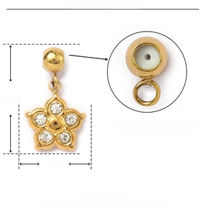 Technical view of 15mm gold flower pendant with rubber stopper detail and dimensions